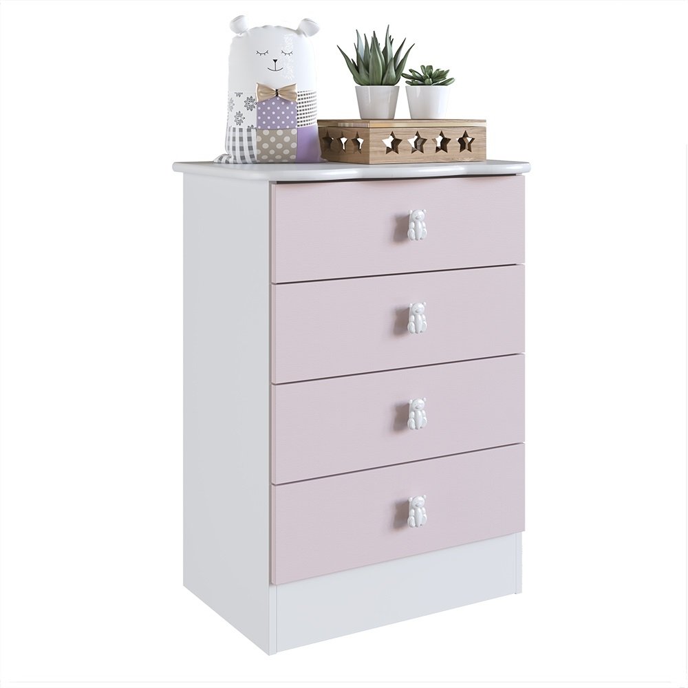 Encontraproduto.com.br - Quarto Infantil Completo Docinho com Guarda-Roupa, Cômoda, Mini Cama e Nicho Espresso Móveis Branco/Rosa