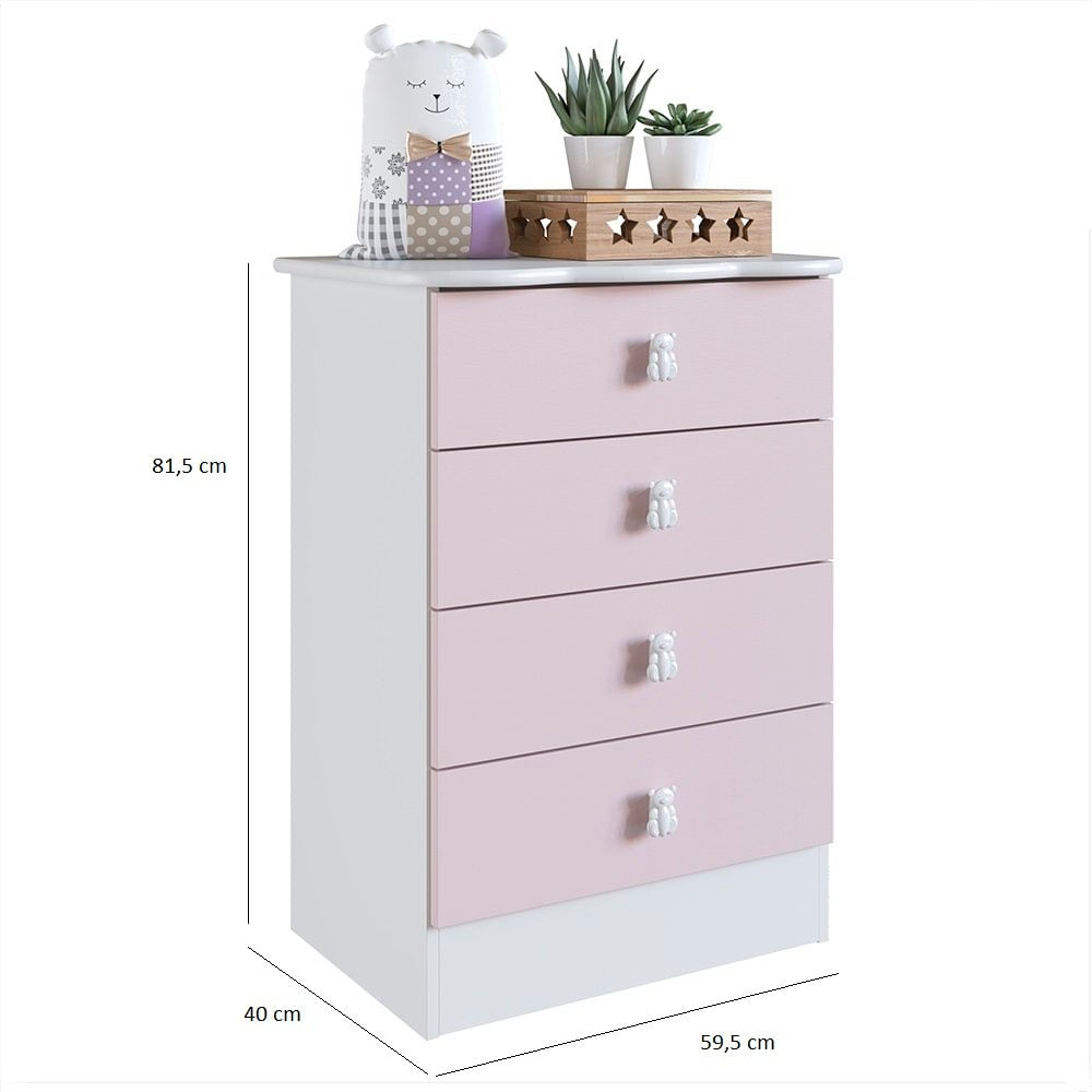 Encontraproduto.com.br - Quarto Infantil Completo Docinho com Guarda-Roupa, Cômoda, Mini Cama e Nicho Espresso Móveis Branco/Rosa