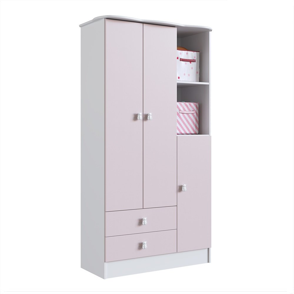 Encontraproduto.com.br - Quarto Infantil Completo Docinho com Guarda-Roupa, Cômoda, Mini Cama e Nicho Espresso Móveis Branco/Rosa