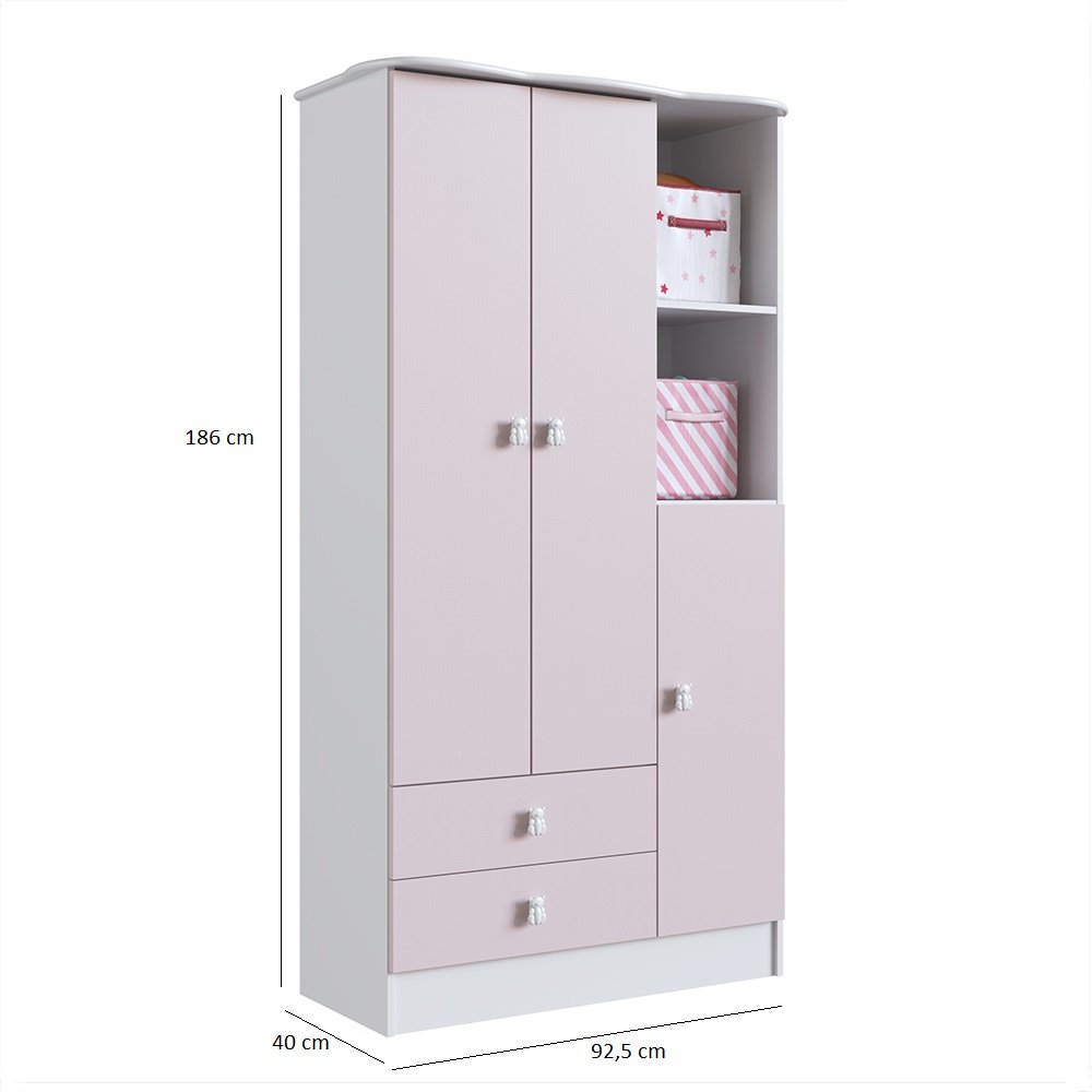 Encontraproduto.com.br - Quarto Infantil Completo Docinho com Guarda-Roupa, Cômoda, Mini Cama e Nicho Espresso Móveis Branco/Rosa