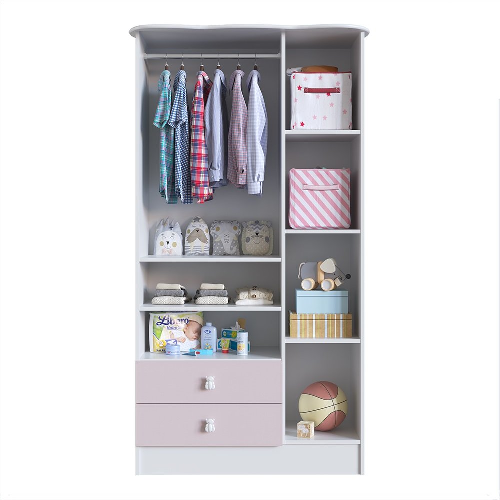 Encontraproduto.com.br - Quarto Infantil Completo Docinho com Guarda-Roupa, Cômoda, Mini Cama e Nicho Espresso Móveis Branco/Rosa