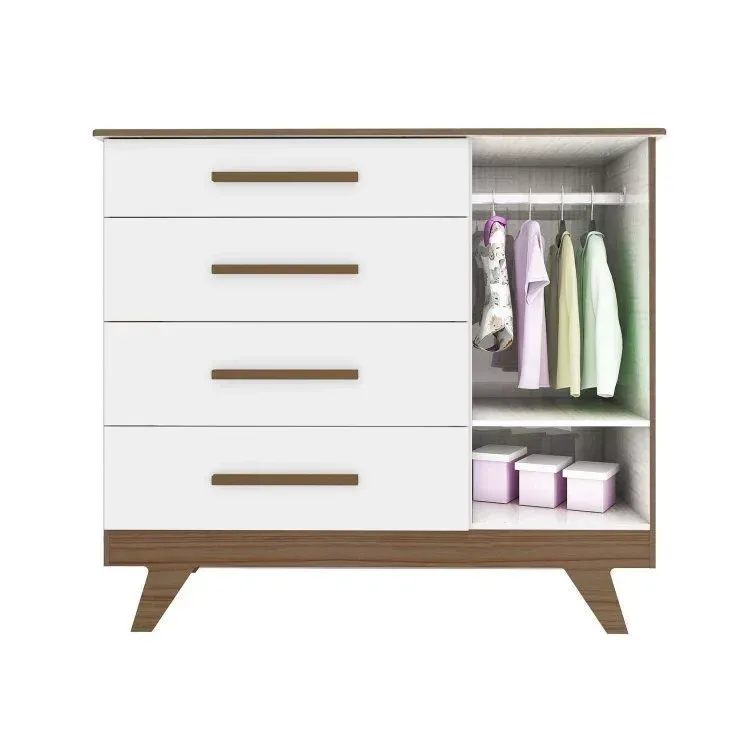 Encontraproduto.com.br - Quarto de Bebê com Berço 2 em 1 e Cômoda 100% MDF Retrô Kakau Espresso Móveis Branco Brilho/Carvalho