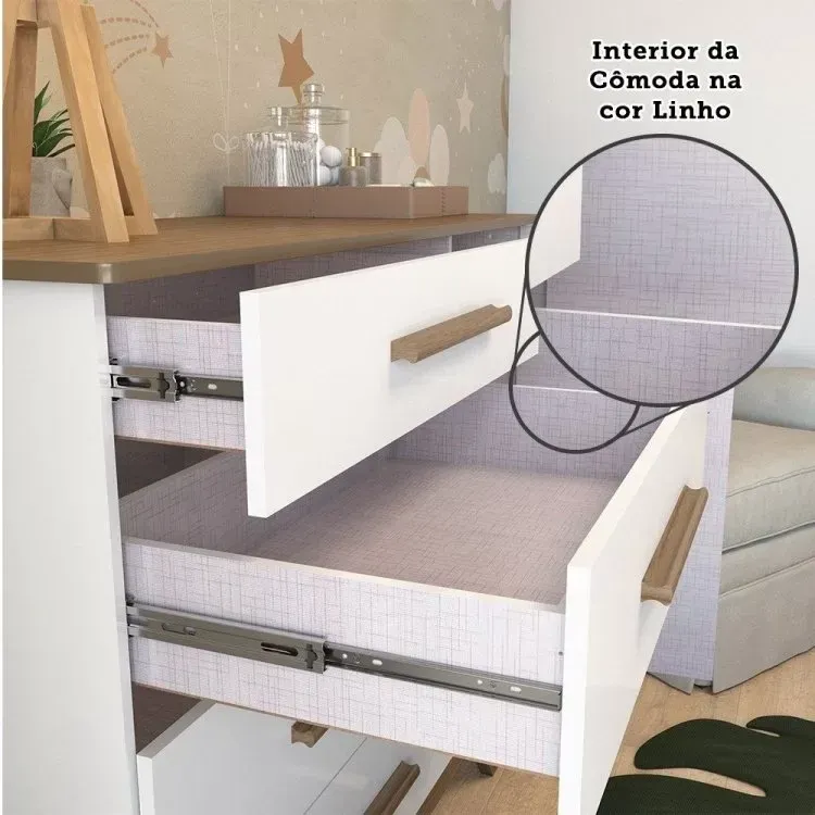 Encontraproduto.com.br - Quarto de Bebê com Berço 2 em 1 e Cômoda 100% MDF Retrô Kakau Espresso Móveis Branco Brilho/Carvalho
