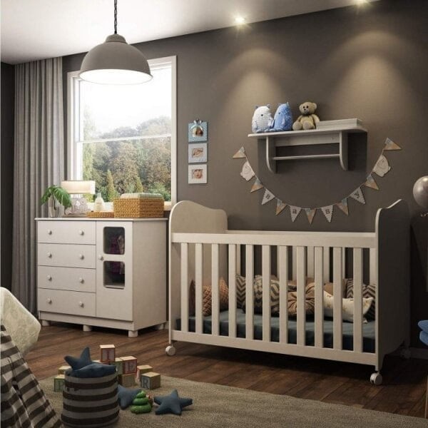 Quarto de Bebê com Berço Cômoda com Janela e Prateleira 100% MDF Uli Móveis Peroba Branco Brilho