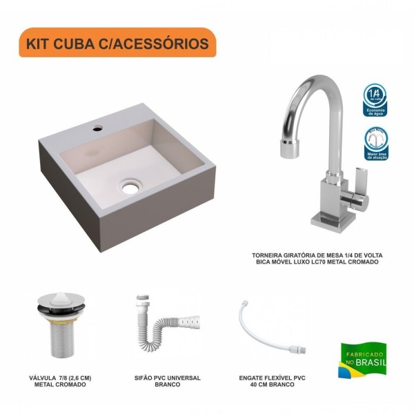 Encontraproduto.com.br - Kit Cuba Q395 Com Torneira Luxo 1195 Metal E Válvula 1 Pol. E Sifão Pvc E Flexível Compace Bege