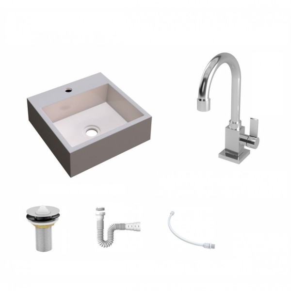 Encontraproduto.com.br - Kit Cuba Q395 Com Torneira Luxo 1195 Metal E Válvula 1 Pol. E Sifão Pvc E Flexível Compace Bege