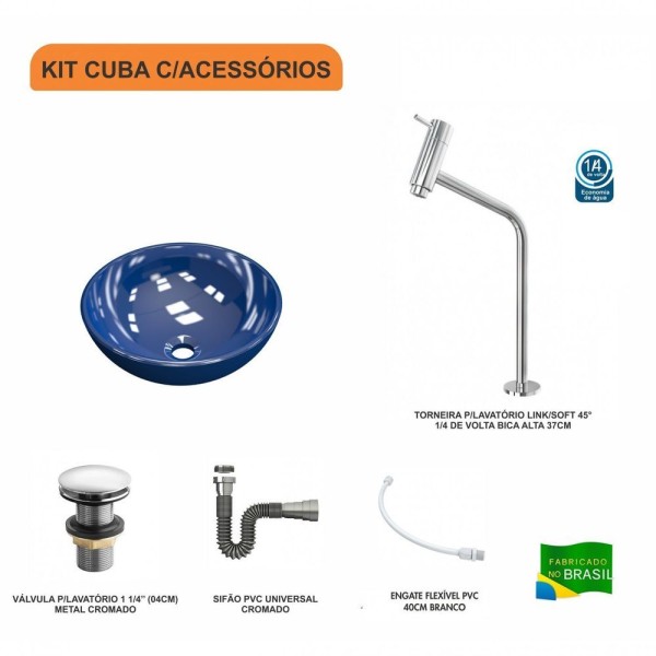 Encontraproduto.com.br - Kit Cuba R35 Com Torneira Link 1062 Metal e Válvula e Meia e Sifão Cromado e Flexível Azul