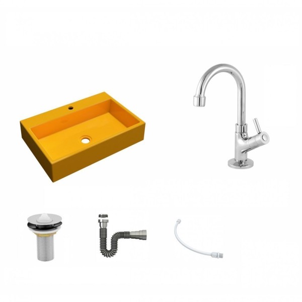 Encontraproduto.com.br - Kit Cuba Rt55 Com Torneira 1198 Metal E Válvula 1 Polegada E Sifão Cromado E Flexível Amarelo