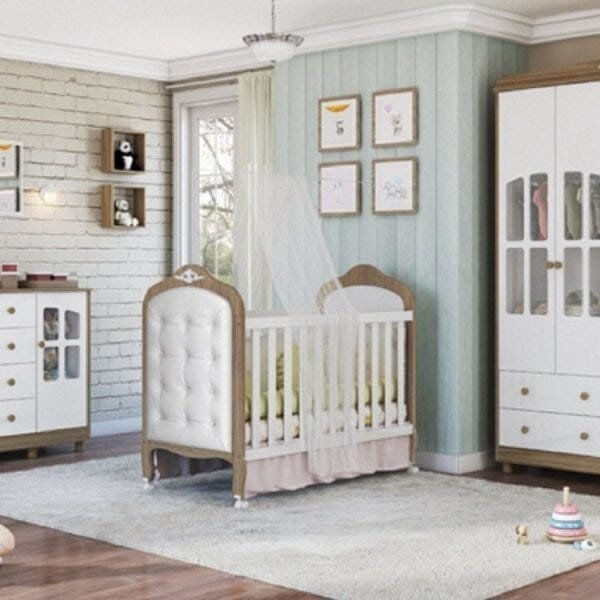 Encontraproduto.com.br - Berço Mini Cama 2 em 1 Elô com Kit Capitonê Móveis Peroba Carvalho/Branco