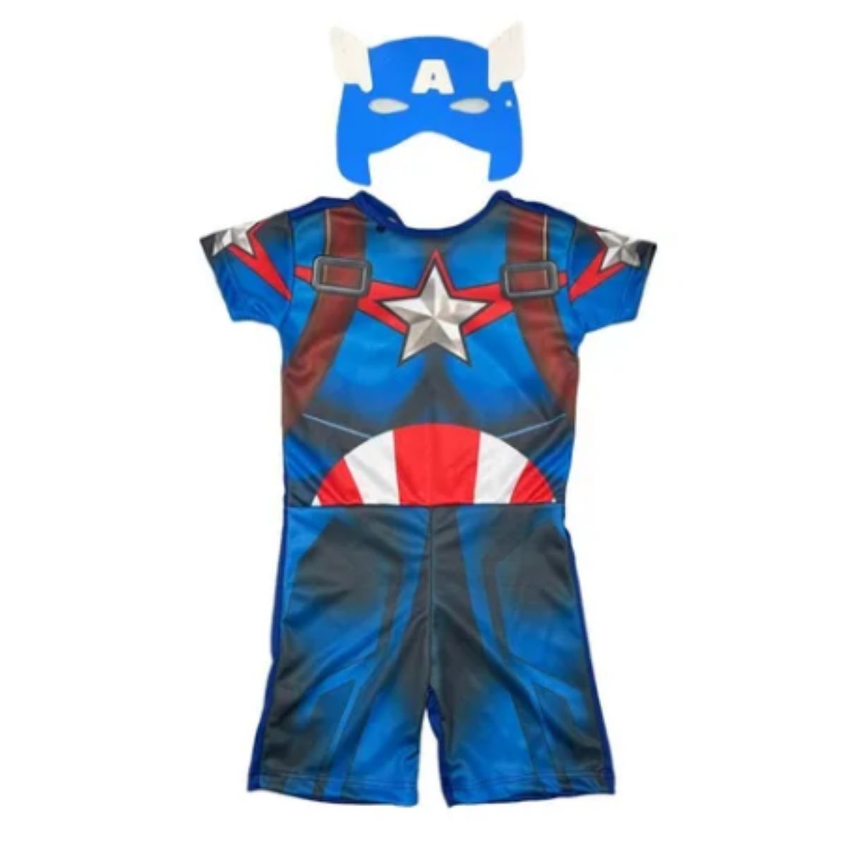 Fantasia Roupa Capitão América Infantil Macacão Curto Tamanho de 3 a 12 Anos