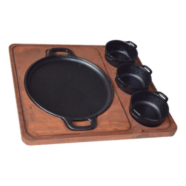 Encontraproduto.com.br - Bifeteira Redonda com Suporte de Madeira 20cm e 3 Molheiras