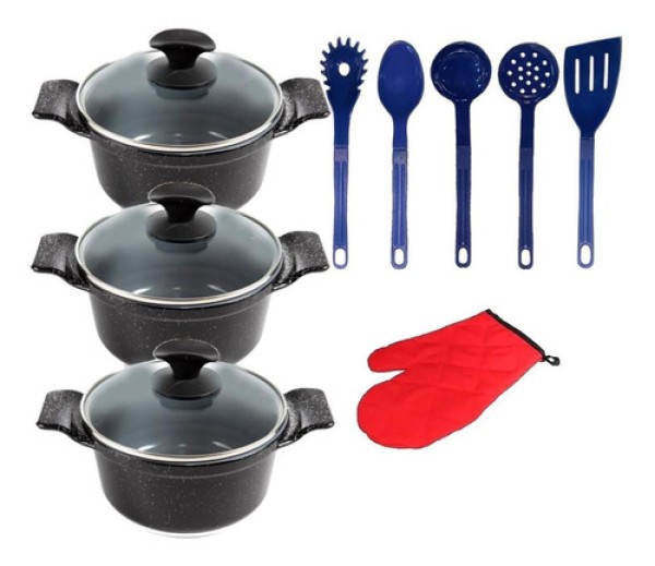 Jogo Panela Preto Liso Cerâmica Talher Azul Javali Aal 26a30