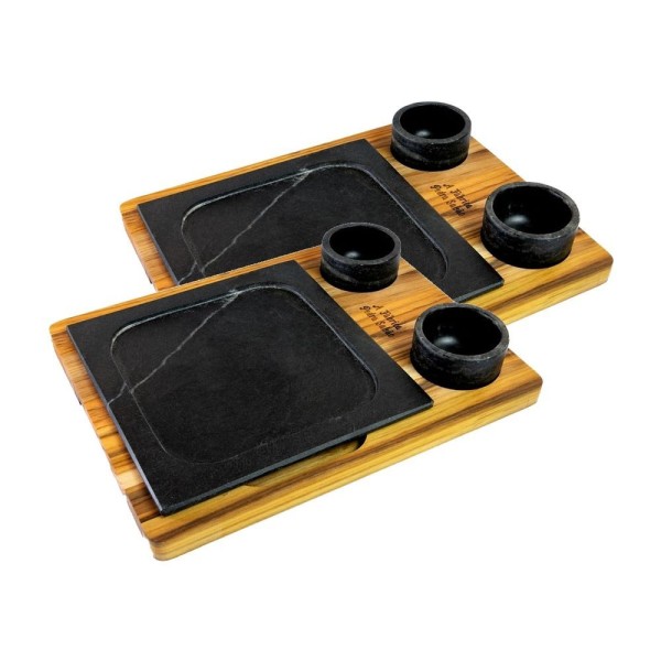 Encontraproduto.com.br - Kit 2 Prato Com 04 Molheiras Pedra Sabão E Suporte G 25x25cm