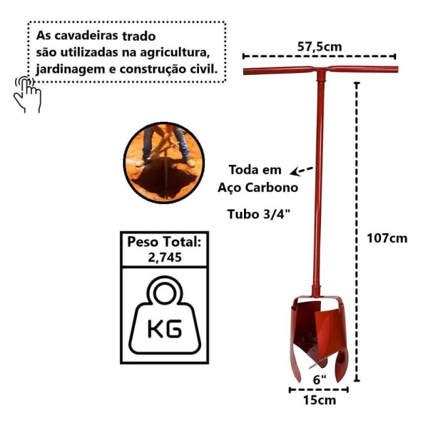 Encontraproduto.com.br - Kit Cavadeira Trado 06pol Cabo Aço Carbono E 02 Extensor