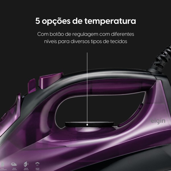 Encontraproduto.com.br - Ferro Vapor Easy Pass Capacidade 200ml 5 Temperaturas Elgin Roxo 220V