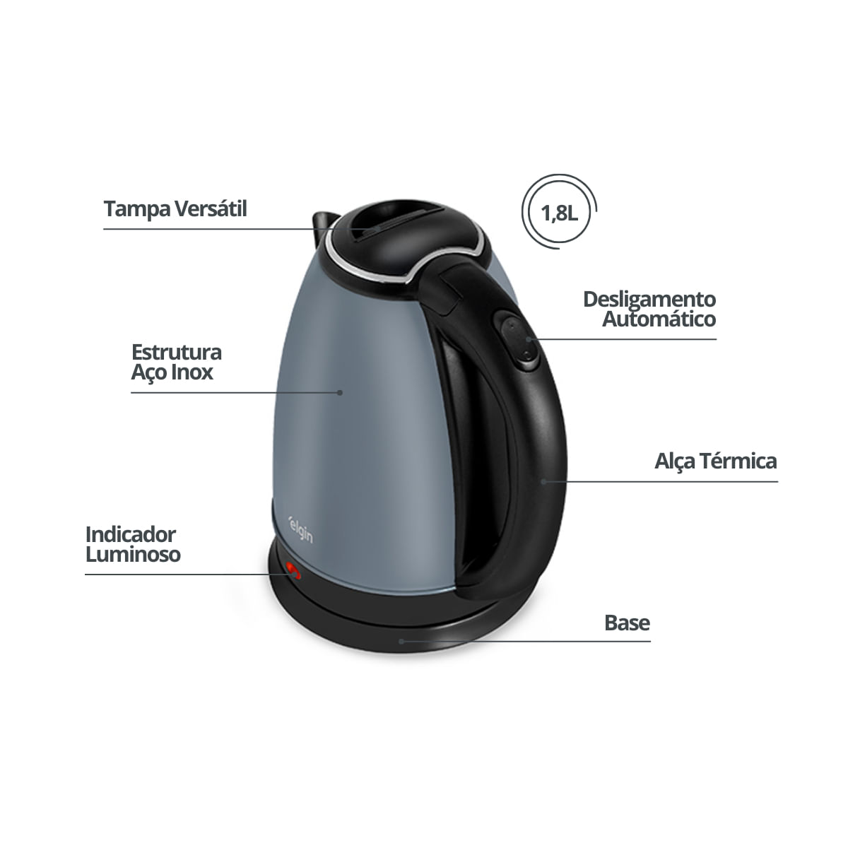 Encontraproduto.com.br - Chaleira Elétrica 127V Elgin Lunar Garrafa Jarra 1,8L Sem Fio com Desligamento Automático Cinza