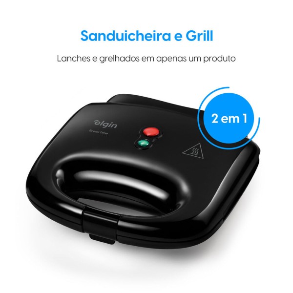 Encontraproduto.com.br - Sanduicheira Grill Elgin Break Time 2 em 1 Misteira Chapa Preta 220V