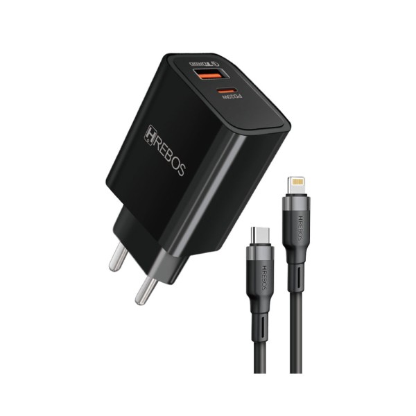 Carregador de Parede Hrebos Power Turbo, 1entrada USB-C e 1 entrada USB-A, Sáidas Type-C e Lightning, 20W/18W, com Cabo - CRG-154Ci Preto