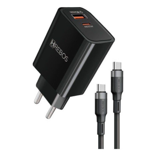 Encontraproduto.com.br - Carregador de Parede Hrebos Power Turbo, 1entrada USB-C e 1 entrada USB-A, 20W, com Cabo - CRG-154CC | Preto