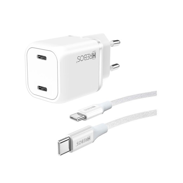 Carregador de Parede Hrebos Premium, 2 entradas USB-C para USB-C, 33W, com Cabo - CRG-501C | Branco