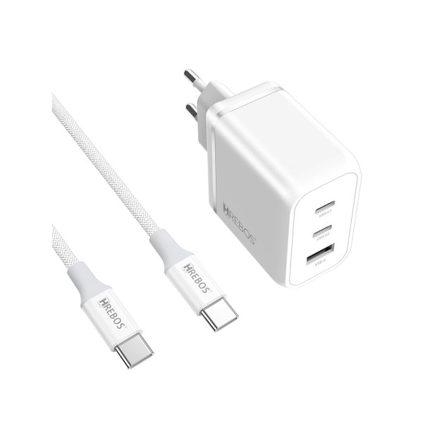Encontraproduto.com.br - Carregador de Parede Hrebos Premium, 2 entradas USB-C e 1 entrada USB, 65W, com Cabo - CRG-504C | Branco