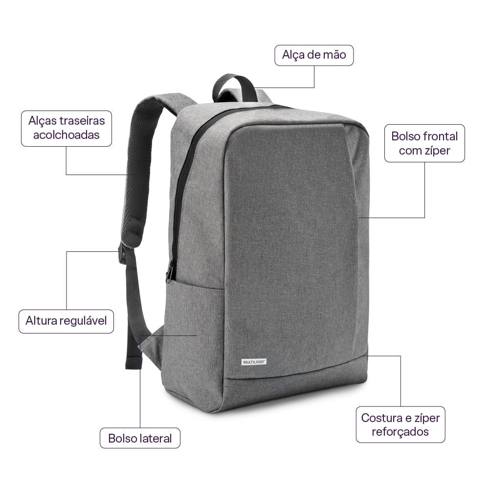 Encontraproduto.com.br - Mochila Classic Para Notebook até 15,6 Pol Cinza USB Multilaser - BO438