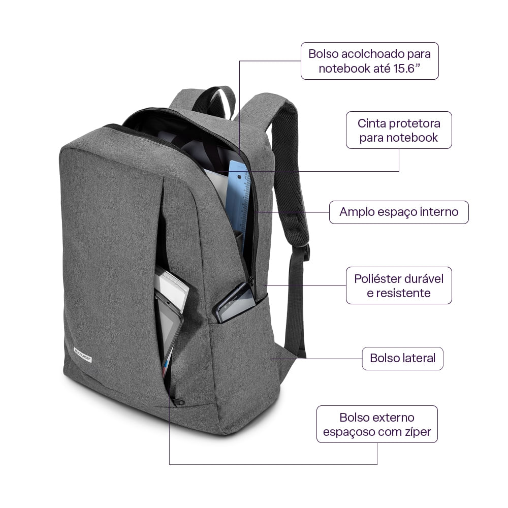 Encontraproduto.com.br - Mochila Classic Para Notebook até 15,6 Pol Cinza USB Multilaser - BO438