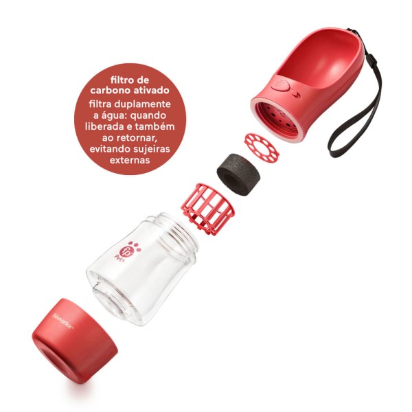 Encontraproduto.com.br - Garrafa Portátil Pet com Porta-Comida Water And Food To Go 258/200ml com Filtro de Carvão Ativado Vermelha - Fisher Price - PP259