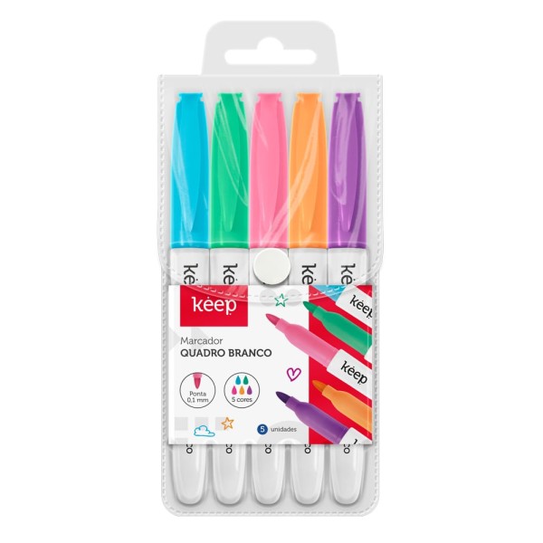 Encontraproduto.com.br - Marcador para Quadro Branco c/ Bag 5 Cores Slim PVC Keep - MR074