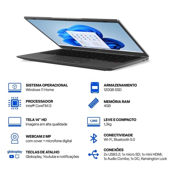 Encontraproduto.com.br - Notebook Ultra, com Windows 11 Home, Processador Intel Core i3, 4GB 120GB SSD, Tela 14 Pol. HD Cinza Escovado - UB480 UB480