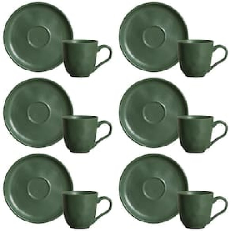 Conjunto com 6 Xícaras e Pires para Café Porto Brasil Bio Leaf em Stoneware Verde - 120 ml