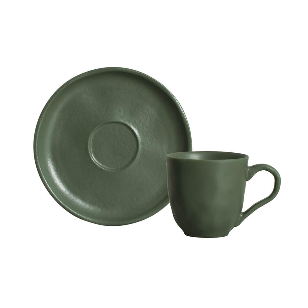 Encontraproduto.com.br - Conjunto com 6 Xícaras e Pires para Café Porto Brasil Bio Leaf em Stoneware Verde - 120 ml
