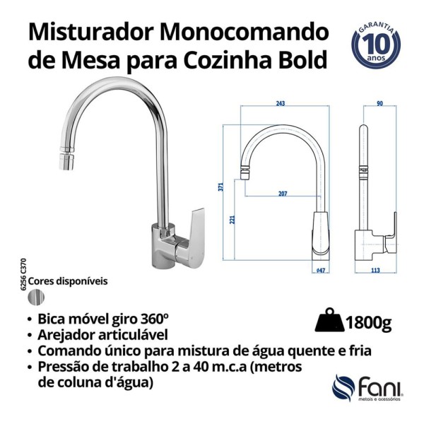 Encontraproduto.com.br - Torneira Misturador Monocomando Pia Cozinha Fani de Mesa Cromado C370