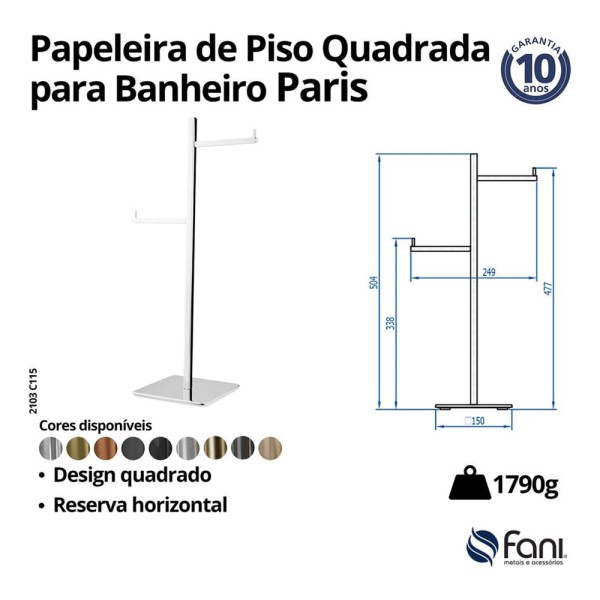 Encontraproduto.com.br - Papeleira Piso com Reserva Horizontal Quadrada Paris Black Fosco