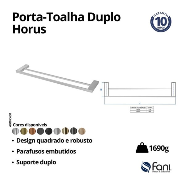 Encontraproduto.com.br - Porta Toalha Duplo Reto Longo Horus 60cm Preto Fosco - Fani - 4900 BK450 - Unitário