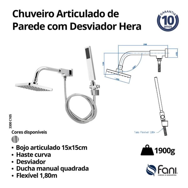 Encontraproduto.com.br - Chuveiro de Parede Articulado com Desviador Hera Cromado