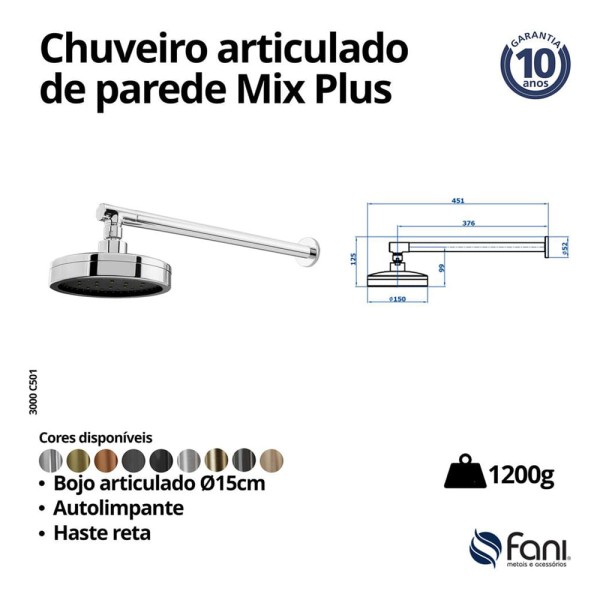 Encontraproduto.com.br - Chuveiro de Parede Autolimpante Braço Reto Mix Plus Cromado