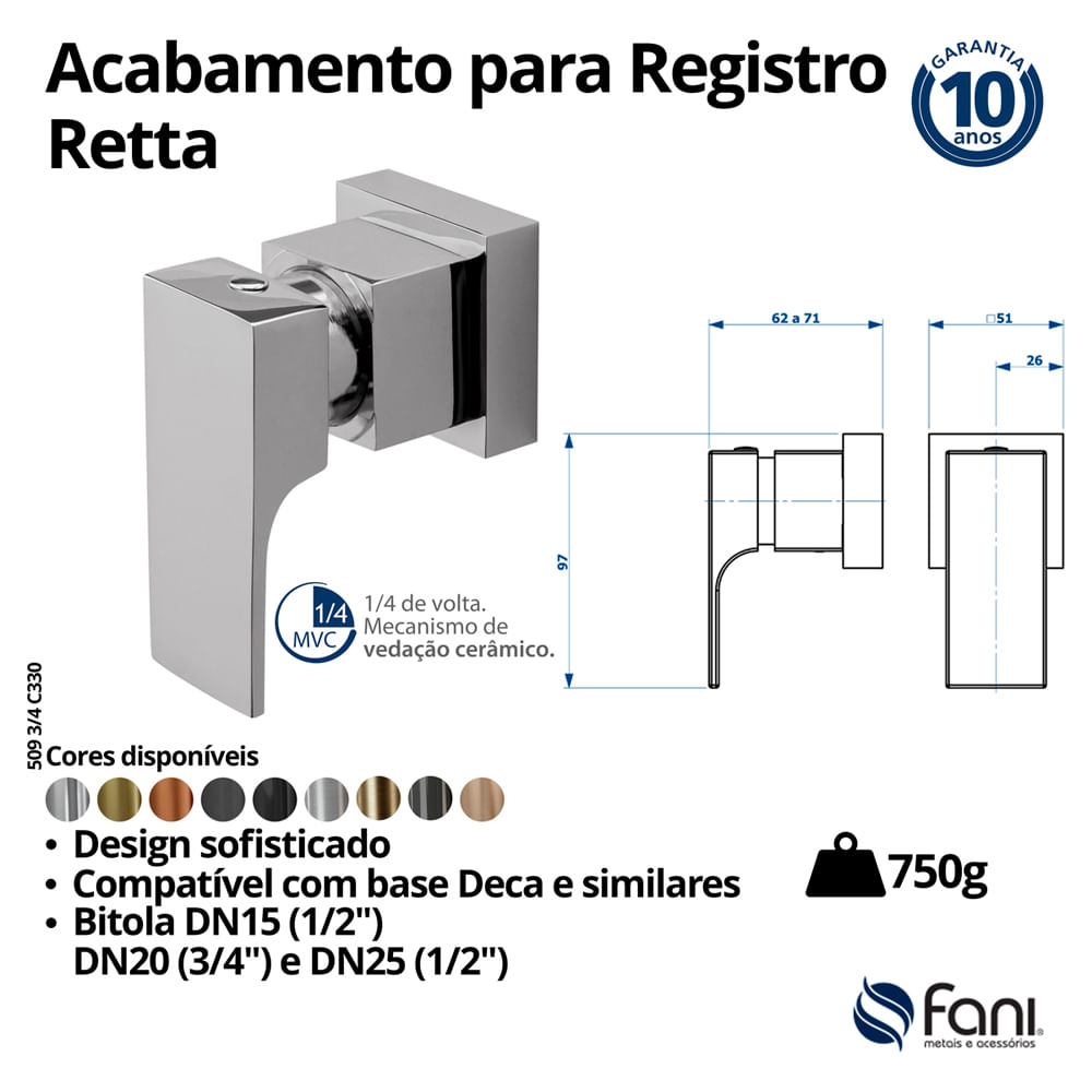 Encontraproduto.com.br - Acabamento para Registro Retta 3/4 Cromado - Fani - 509 3/4 C33 - Unitário