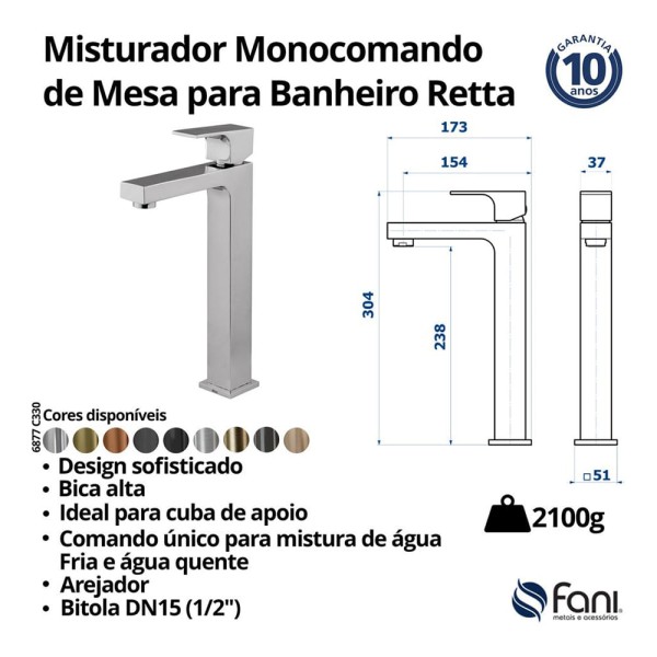 Encontraproduto.com.br - Misturador Monocomando Lavatório Mesa 6877 BK330 Retta Preto/Fosco Fani