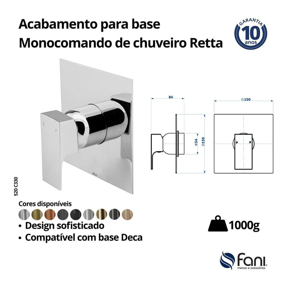Encontraproduto.com.br - Acabamento Monocomando para Chuveiro Base Deca Retta Champanhe - Fani - 520 CH330 - Unitário