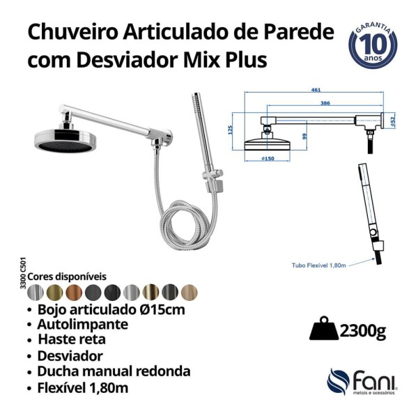 Encontraproduto.com.br - Chuveiro de Parede Articulado com Desviador Mix Plus DOro Vecchio