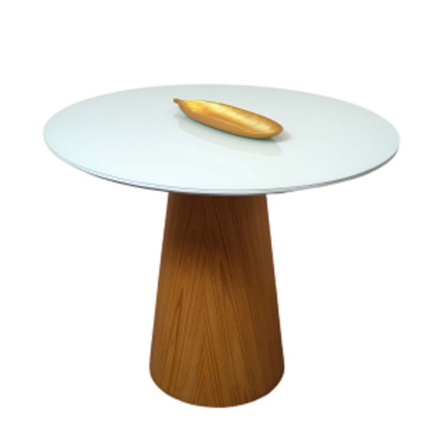 Encontraproduto.com.br - Mesa De Jantar Cone 90 Cm Base Madeira Freijó Tampo Laca + Vidro Branco