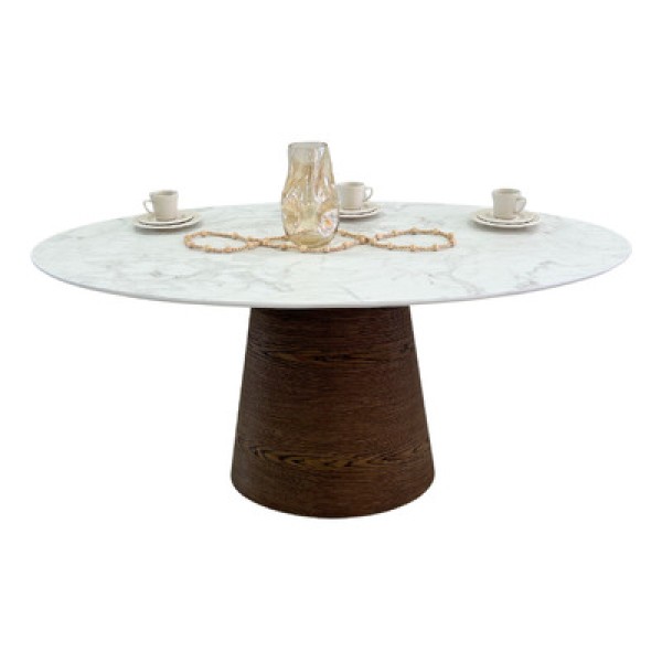 Encontraproduto.com.br - Mesa Cone Oval 160x90 Cm Tampo Laca Branca Base Imbuia Horizontal