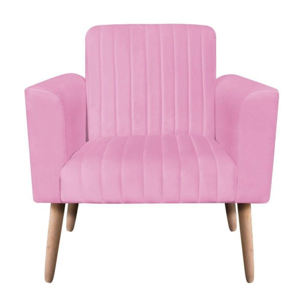 Poltrona Viena Gomada Suede Pés Palito Natural Drossi Cor Rosa Bebê