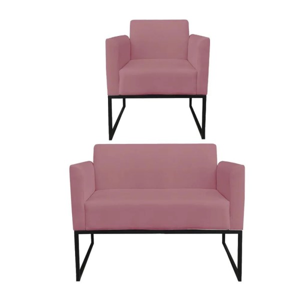 Encontraproduto.com.br - Kit 01 Namoradeira 02 Lugares e 01 Poltrona Marisa Suede Rose Base Industrial Metálica Preto DRossi