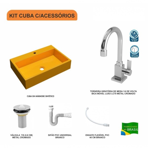 Encontraproduto.com.br - Kit Cuba Rt55 Com Torneira Luxo 1195 Metal E Válvula 1 Polegada E Sifão Pvc E Flexível Amarelo