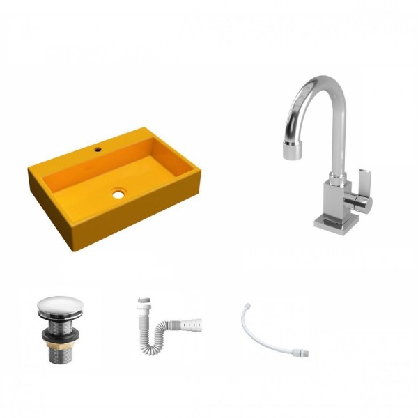 Encontraproduto.com.br - Kit Cuba Com Torneira Luxo 1195 Metal E Válvula 1 Polegada E Meia E Sifão Pvc E Flexível Amarelo