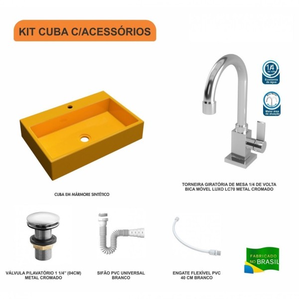 Encontraproduto.com.br - Kit Cuba Com Torneira Luxo 1195 Metal E Válvula 1 Polegada E Meia E Sifão Pvc E Flexível Amarelo