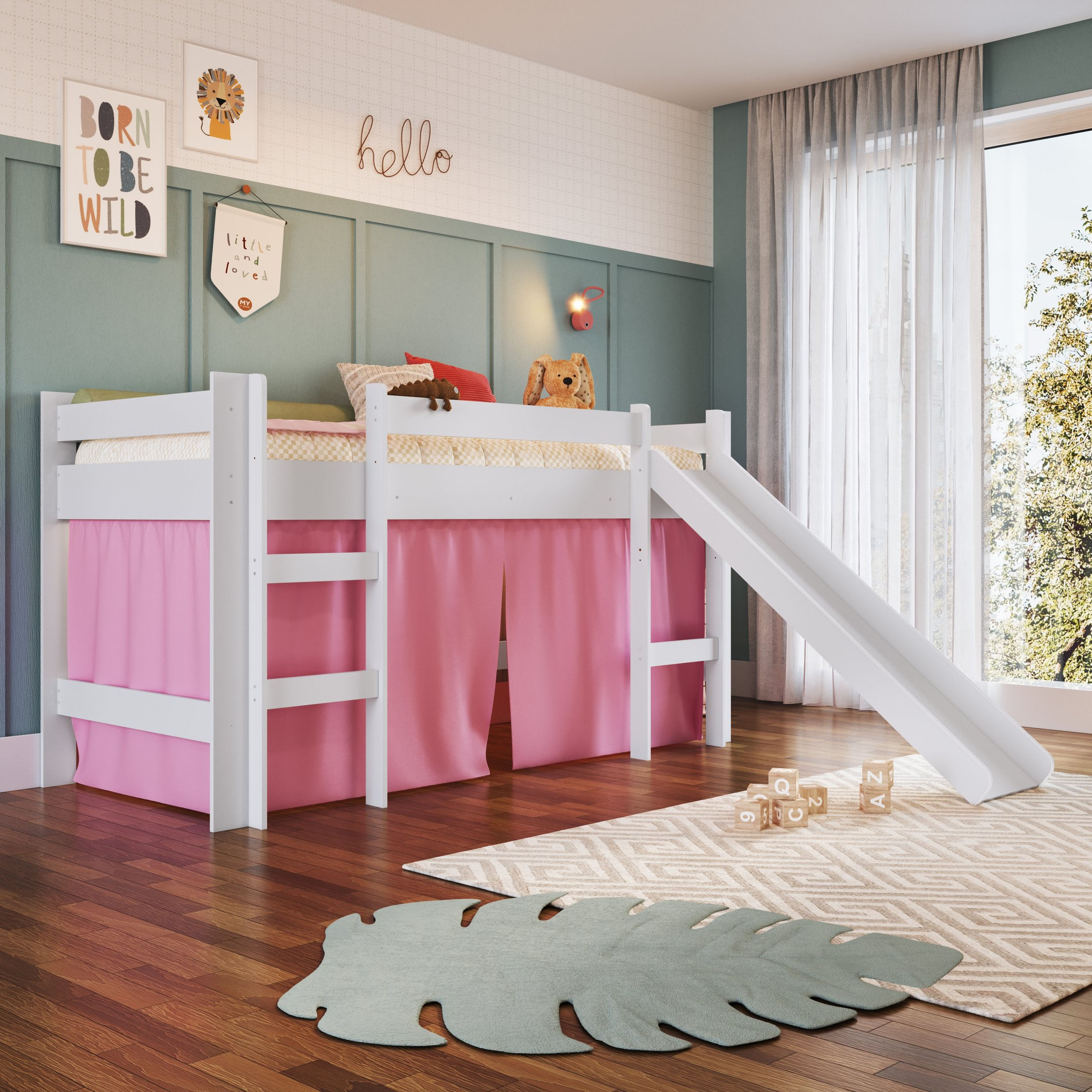 Cama Elevada Com Escorregador E Cortina Completa Móveis Branco/rosa