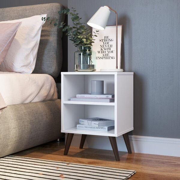 Mesa De Cabeceira Retrô Com Prateleira Completa Móveis Branco